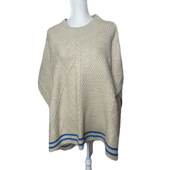 Free People Harbour Stripe Cable Knit Poncho Sweater Ivory Shawl One Size - Picture 1 of 7